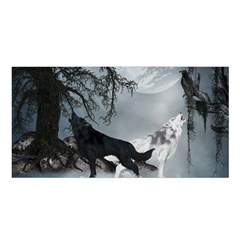 Awesome Black And White Wolf In The Dark Night Satin Shawl by FantasyWorld7