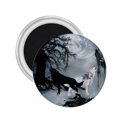 Awesome Black And White Wolf In The Dark Night 2 25  Magnets by FantasyWorld7