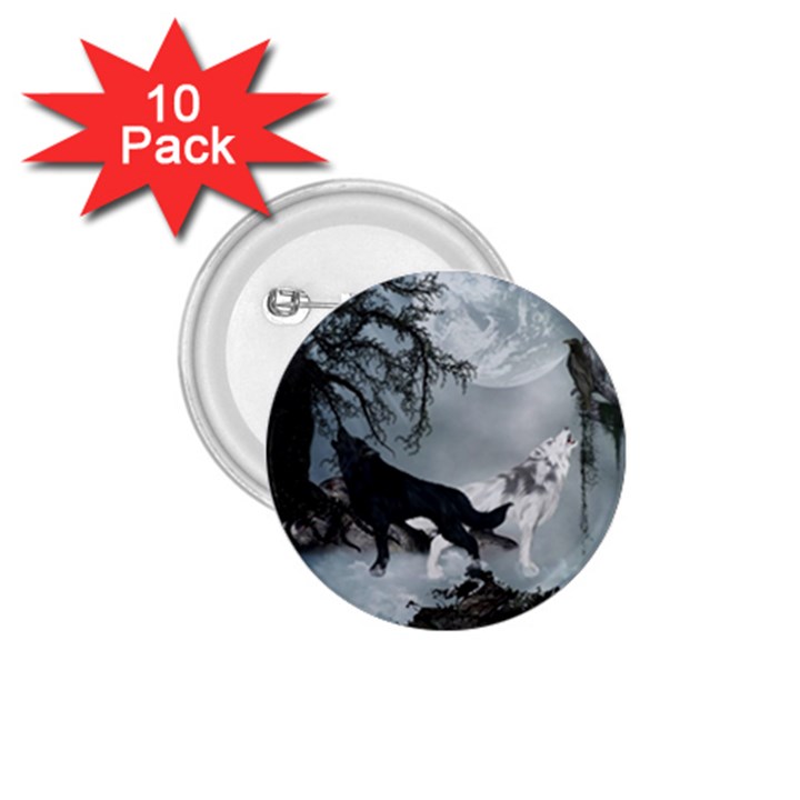 Awesome Black And White Wolf In The Dark Night 1.75  Buttons (10 pack)