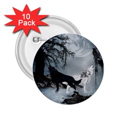 Awesome Black And White Wolf In The Dark Night 2 25  Buttons (10 Pack)  by FantasyWorld7