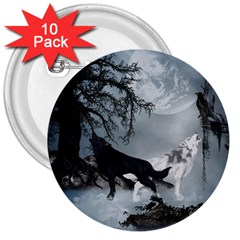 Awesome Black And White Wolf In The Dark Night 3  Buttons (10 Pack)  by FantasyWorld7