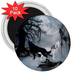 Awesome Black And White Wolf In The Dark Night 3  Magnets (10 Pack)  by FantasyWorld7