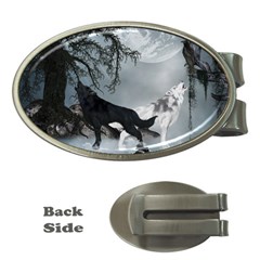 Awesome Black And White Wolf In The Dark Night Money Clips (oval)  by FantasyWorld7