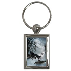 Awesome Black And White Wolf In The Dark Night Key Chains (rectangle)  by FantasyWorld7