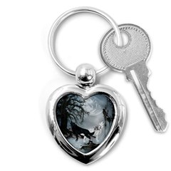 Awesome Black And White Wolf In The Dark Night Key Chains (heart)  by FantasyWorld7