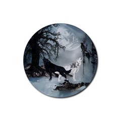 Awesome Black And White Wolf In The Dark Night Rubber Coaster (round)  by FantasyWorld7