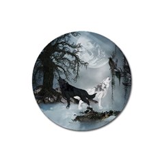 Awesome Black And White Wolf In The Dark Night Magnet 3  (round) by FantasyWorld7