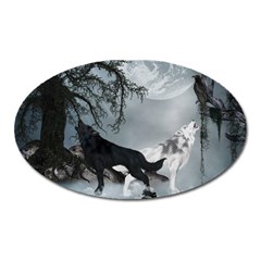 Awesome Black And White Wolf In The Dark Night Oval Magnet by FantasyWorld7