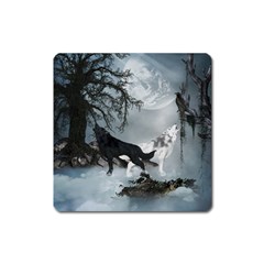 Awesome Black And White Wolf In The Dark Night Square Magnet by FantasyWorld7