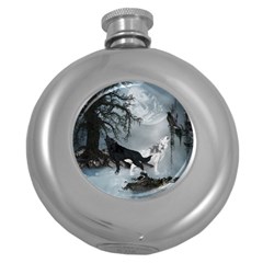 Awesome Black And White Wolf In The Dark Night Round Hip Flask (5 Oz) by FantasyWorld7