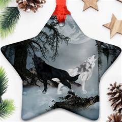 Awesome Black And White Wolf In The Dark Night Star Ornament (two Sides) by FantasyWorld7