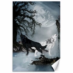 Awesome Black And White Wolf In The Dark Night Canvas 20  X 30  by FantasyWorld7