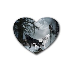 Awesome Black And White Wolf In The Dark Night Heart Coaster (4 Pack)  by FantasyWorld7