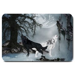 Awesome Black And White Wolf In The Dark Night Large Doormat  by FantasyWorld7