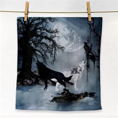 Awesome Black And White Wolf In The Dark Night Face Towel by FantasyWorld7