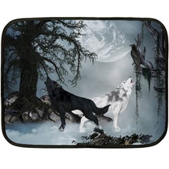 Awesome Black And White Wolf In The Dark Night Fleece Blanket (mini) by FantasyWorld7