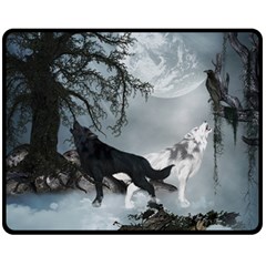 Awesome Black And White Wolf In The Dark Night Fleece Blanket (medium)  by FantasyWorld7