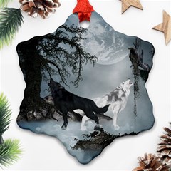 Awesome Black And White Wolf In The Dark Night Ornament (snowflake) by FantasyWorld7