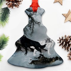 Awesome Black And White Wolf In The Dark Night Christmas Tree Ornament (two Sides) by FantasyWorld7