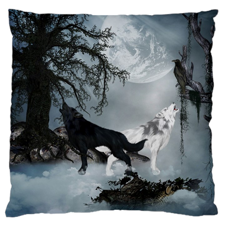 Awesome Black And White Wolf In The Dark Night Large Cushion Case (One Side)