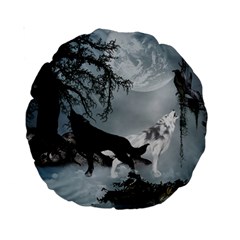 Awesome Black And White Wolf In The Dark Night Standard 15  Premium Round Cushions by FantasyWorld7