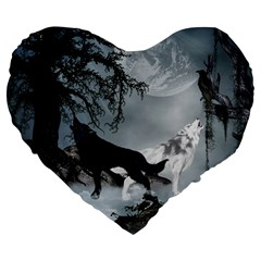 Awesome Black And White Wolf In The Dark Night Large 19  Premium Heart Shape Cushions by FantasyWorld7