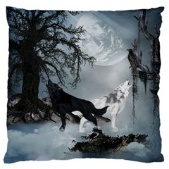 Awesome Black And White Wolf In The Dark Night Standard Flano Cushion Case (one Side) by FantasyWorld7