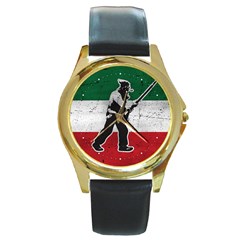 Flag Patriote Quebec Patriot Red Green White Grunge Vieux Patriot Henri Julien Round Gold Metal Watch by Quebec