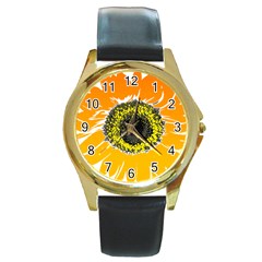 Sunflower Flower Yellow Orange Round Gold Metal Watch by Mariart