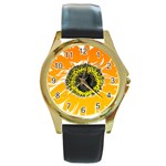 Sunflower Flower Yellow Orange Round Gold Metal Watch Front