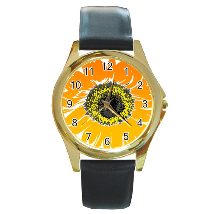 Sunflower Flower Yellow Orange Round Gold Metal Watch