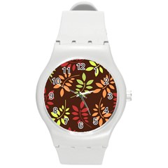 Leaves Foliage Pattern Design Round Plastic Sport Watch (m) by Mariart