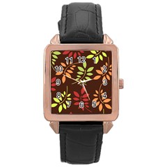 Leaves Foliage Pattern Design Rose Gold Leather Watch  by Mariart