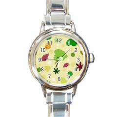 Leaves Background Leaf Round Italian Charm Watch by Mariart