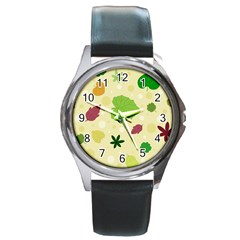 Leaves Background Leaf Round Metal Watch by Mariart