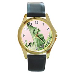 Banana leaf Round Gold Metal Watch