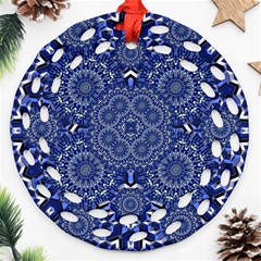 Farbenpracht Kaleidoscope Blue Round Filigree Ornament (two Sides) by Pakrebo