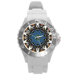 Fractal Tile Kaleidoscope Design Round Plastic Sport Watch (l) by Pakrebo