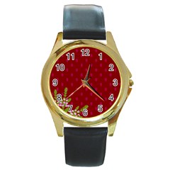 Vivid Burgundy & Heather Round Gold Metal Watch by WensdaiAmbrose