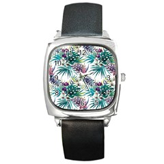 Tropical flowers pattern Square Metal Watch