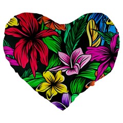 Neon Hibiscus Large 19  Premium Heart Shape Cushions