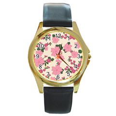 Floral Vintage Flowers Wallpaper Round Gold Metal Watch by Mariart