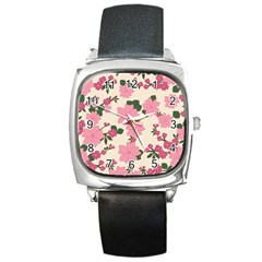 Floral Vintage Flowers Wallpaper Square Metal Watch by Mariart