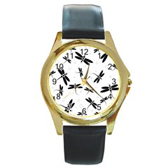 Dragonflies Pattern Round Gold Metal Watch by Valentinaart