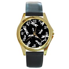 Dragonflies pattern Round Gold Metal Watch