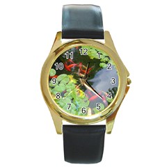 Koi Fish Pond Round Gold Metal Watch by StarvingArtisan