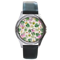 Flamingo Pattern Round Metal Watch by Valentinaart