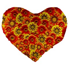 Brilliant Orange And Yellow Daisies Large 19  Premium Flano Heart Shape Cushions by retrotoomoderndesigns