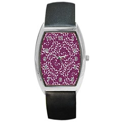 Magenta And White Abstract Print Pattern Barrel Style Metal Watch