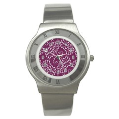 Magenta And White Abstract Print Pattern Stainless Steel Watch